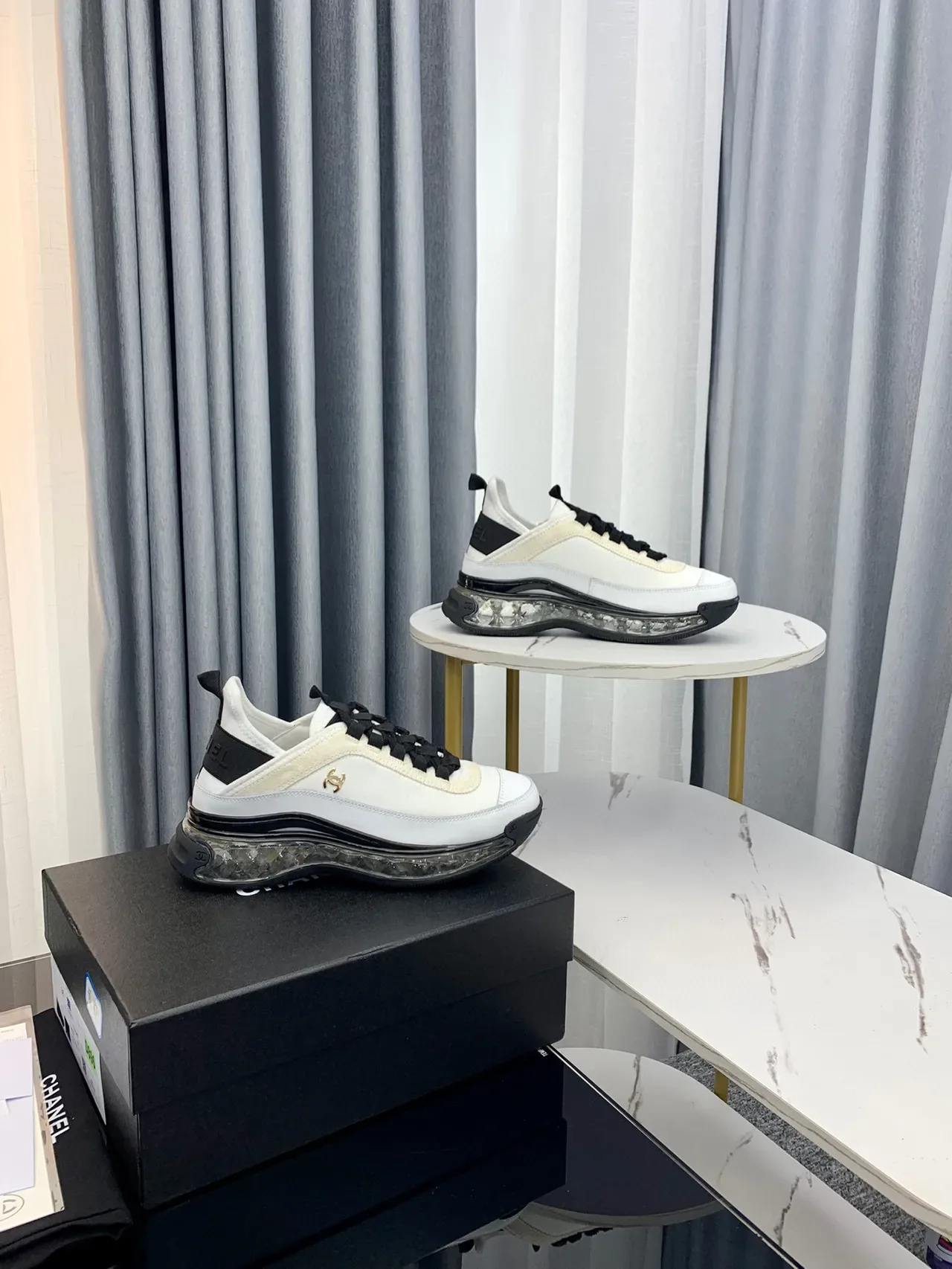 Chanel Bubble Sole Sneaker White Black Gold Lifestyle Sneakers 7