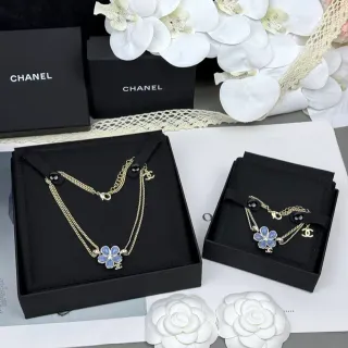 Chanel Camélia ফুল নীল এনামেল সোনালী দ্বিগুণ চেইন হার
