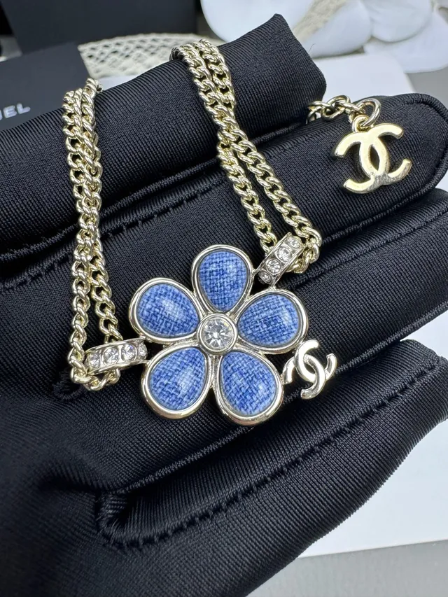 Chanel Camélia زهرة أزرق مينا ذهبي سلسلة مزدوجة قلادة 4