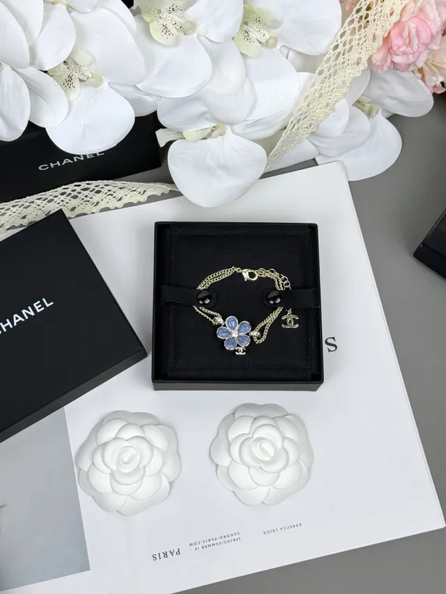 Chanel Camélia زهرة أزرق مينا ذهبي سلسلة مزدوجة قلادة 5