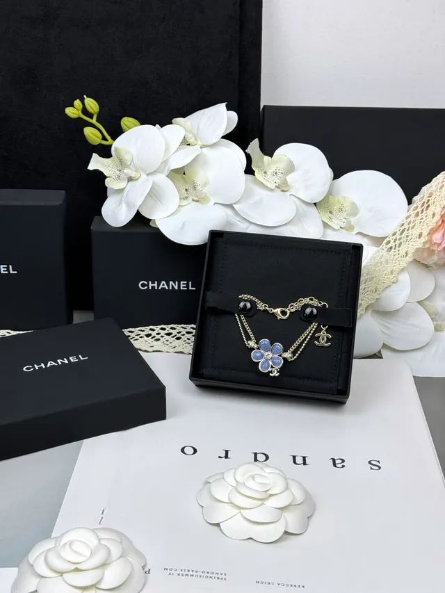 Chanel Camélia زهرة أزرق مينا ذهبي سلسلة مزدوجة قلادة 6