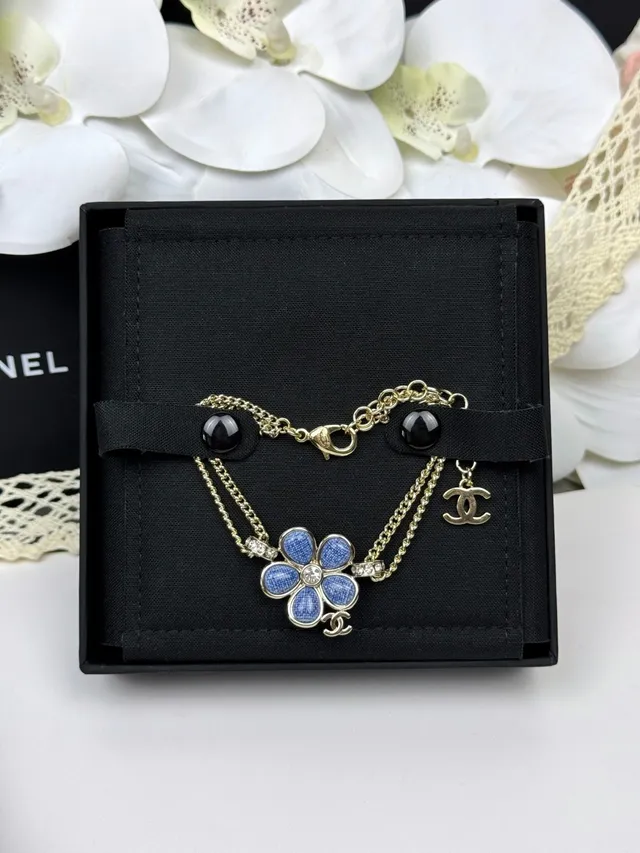 Chanel Camélia زهرة أزرق مينا ذهبي سلسلة مزدوجة قلادة 7