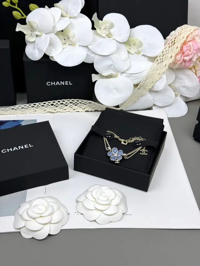 Chanel Camélia زهرة أزرق مينا ذهبي سلسلة مزدوجة قلادة 8