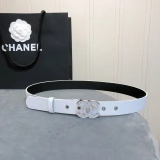 Ceinture Chanel CC Cuir Texturé Bleu-Blanc Pâle