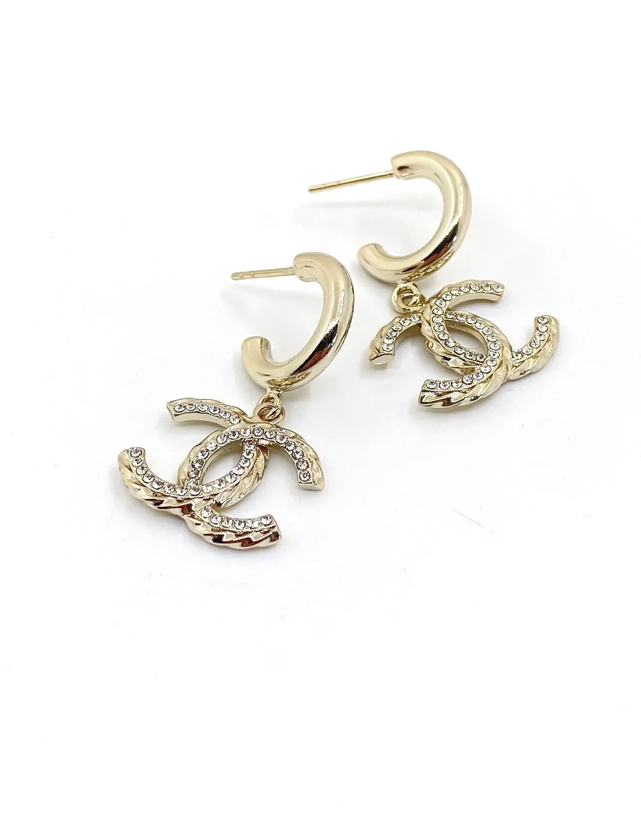 Chanel CC Logo Pavé Crystal Gold-Tone Hoop Drop Earrings 2