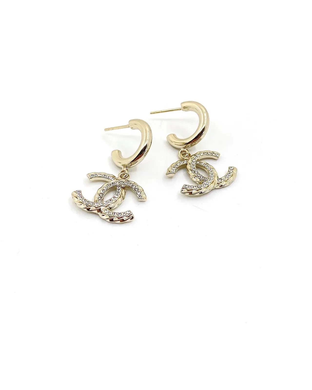 Chanel CC Logo Pavé Crystal Gold-Tone Hoop Drop Earrings 4