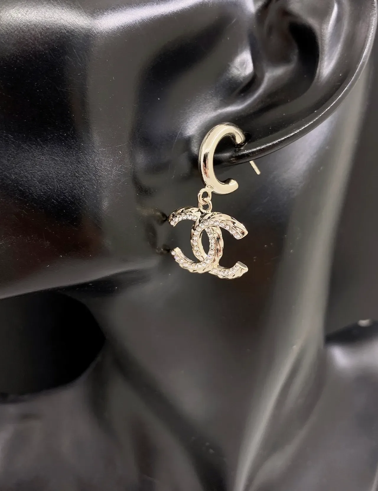 Chanel CC Logo Pavé Crystal Gold-Tone Hoop Drop Earrings 5