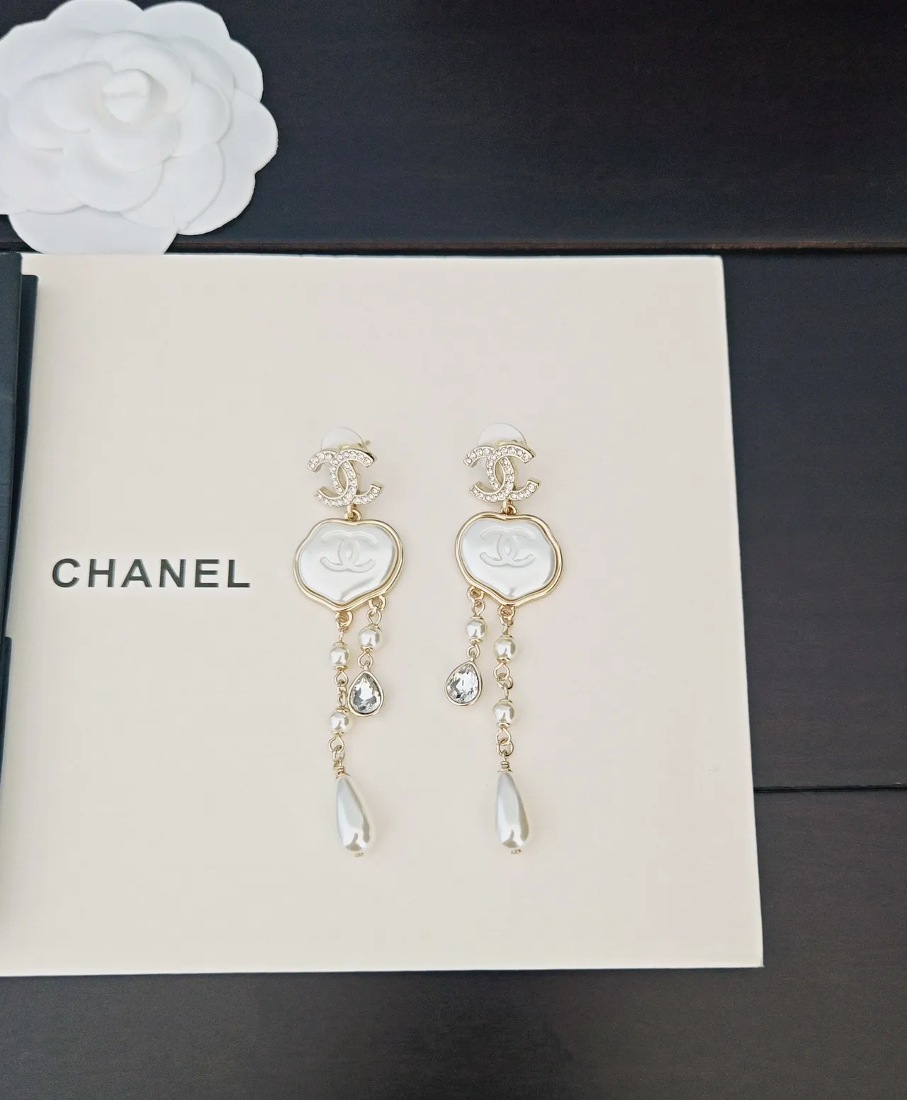 Chanel CC Logo Pearl and Crystal Drop Earrings 2