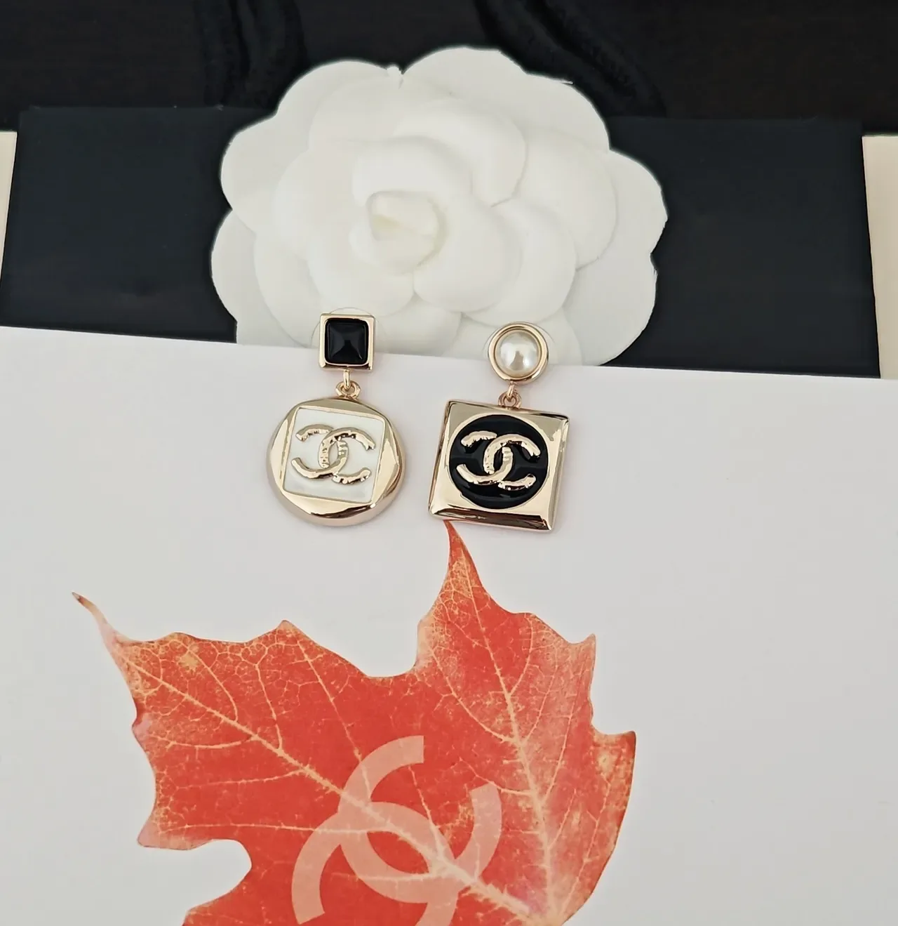 Chanel CC Square Black and White Enamel Pearl Drop Earrings 4