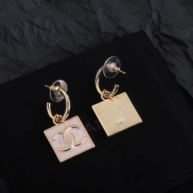 Chanel CC Square rosa esmaltado Gold-Tone pendientes colgantes 6