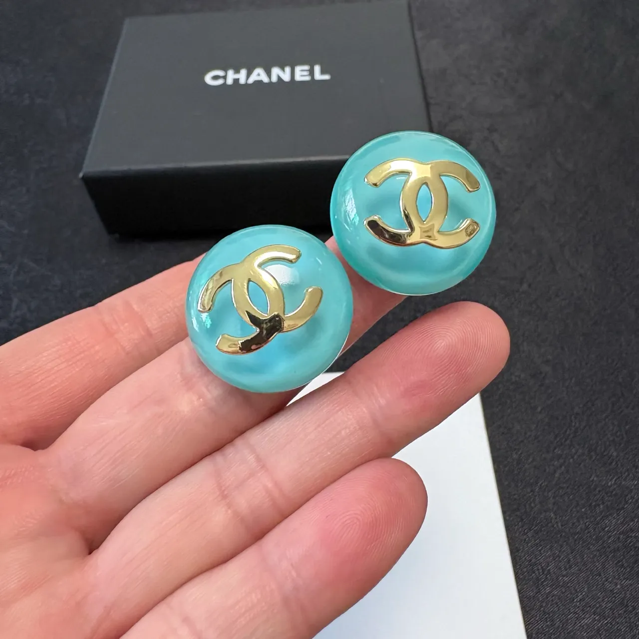 Chanel CC Stud Blue Gold Round Enamel Earrings 3