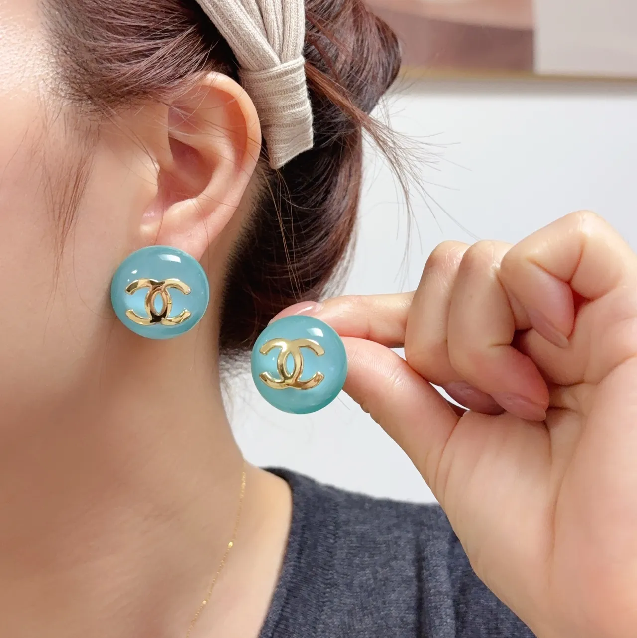Chanel CC Stud Blue Gold Round Enamel Earrings 9