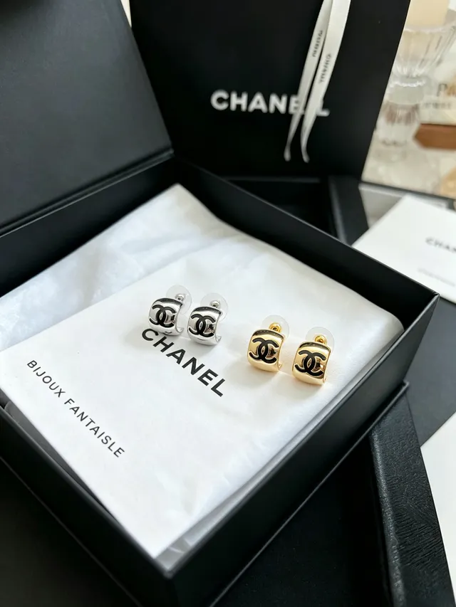 Chanel Classic CC Hoop Silver Black Square Studs Interlocking Logo Earrings 8