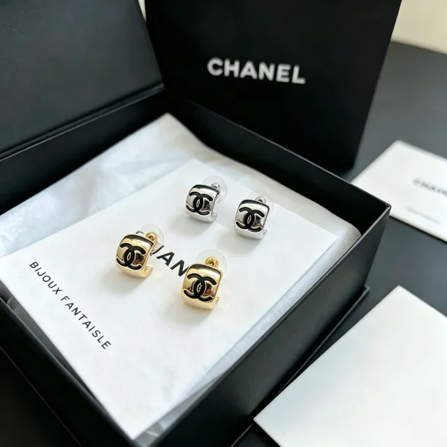 Chanel Classic CC Hoop Silver Black Square Studs Interlocking Logo Earrings 9