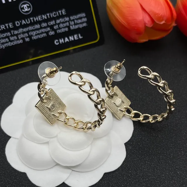 Chanel Gold Silver Twisted Curb Chain Rectangular CC Plaque Earrings 2
