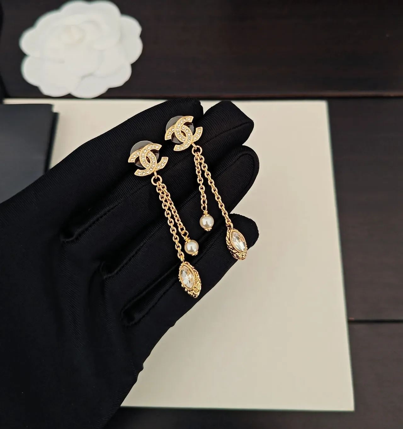Chanel Gold White CC Logo Earrings 2