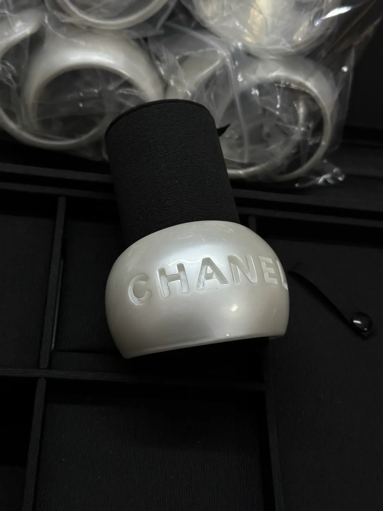 Chanel Logo Cuff Bracelet White Pearlescent Resin Bracelet 2