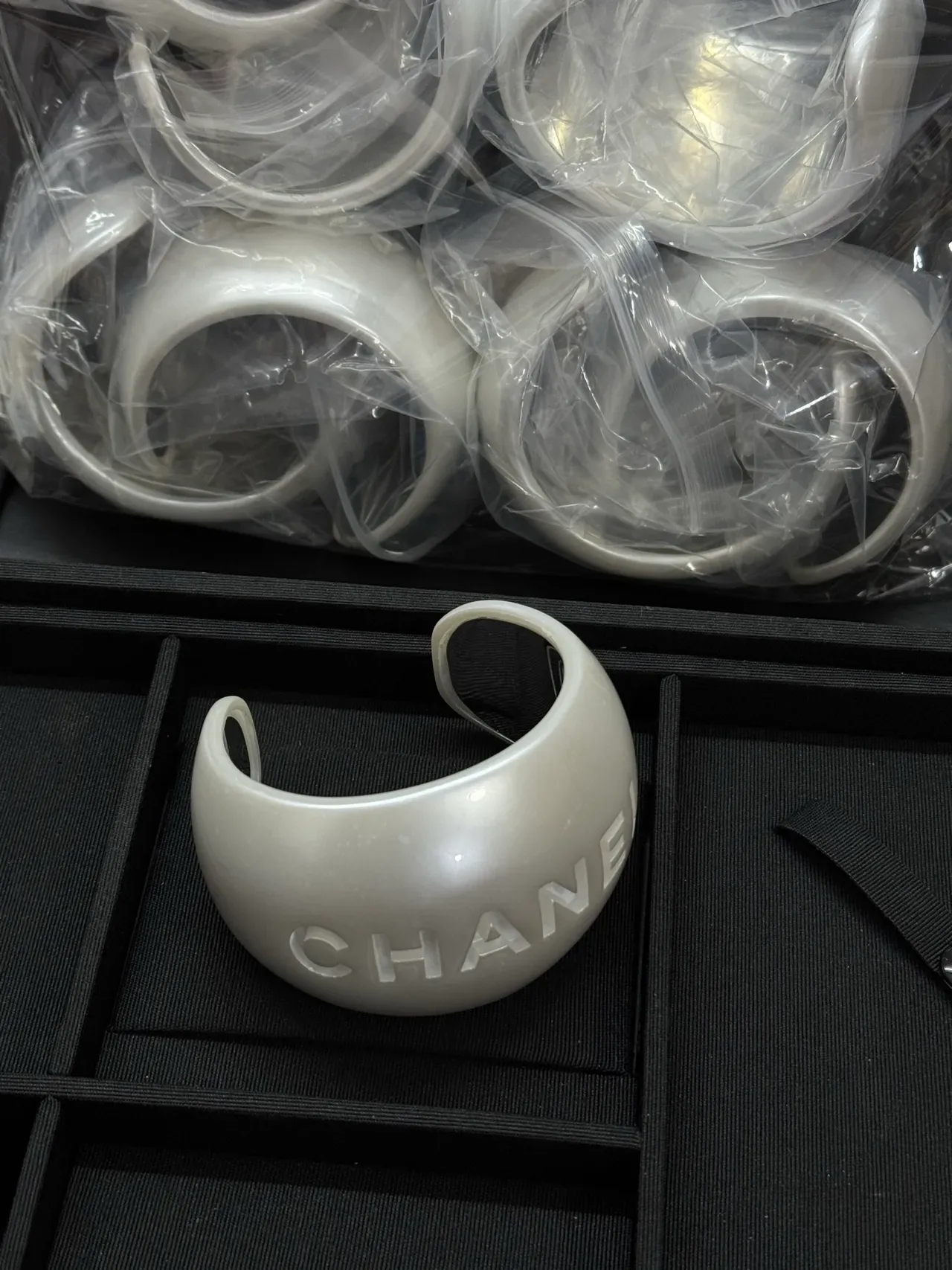 Chanel Logo Cuff Bracelet White Pearlescent Resin Bracelet 3
