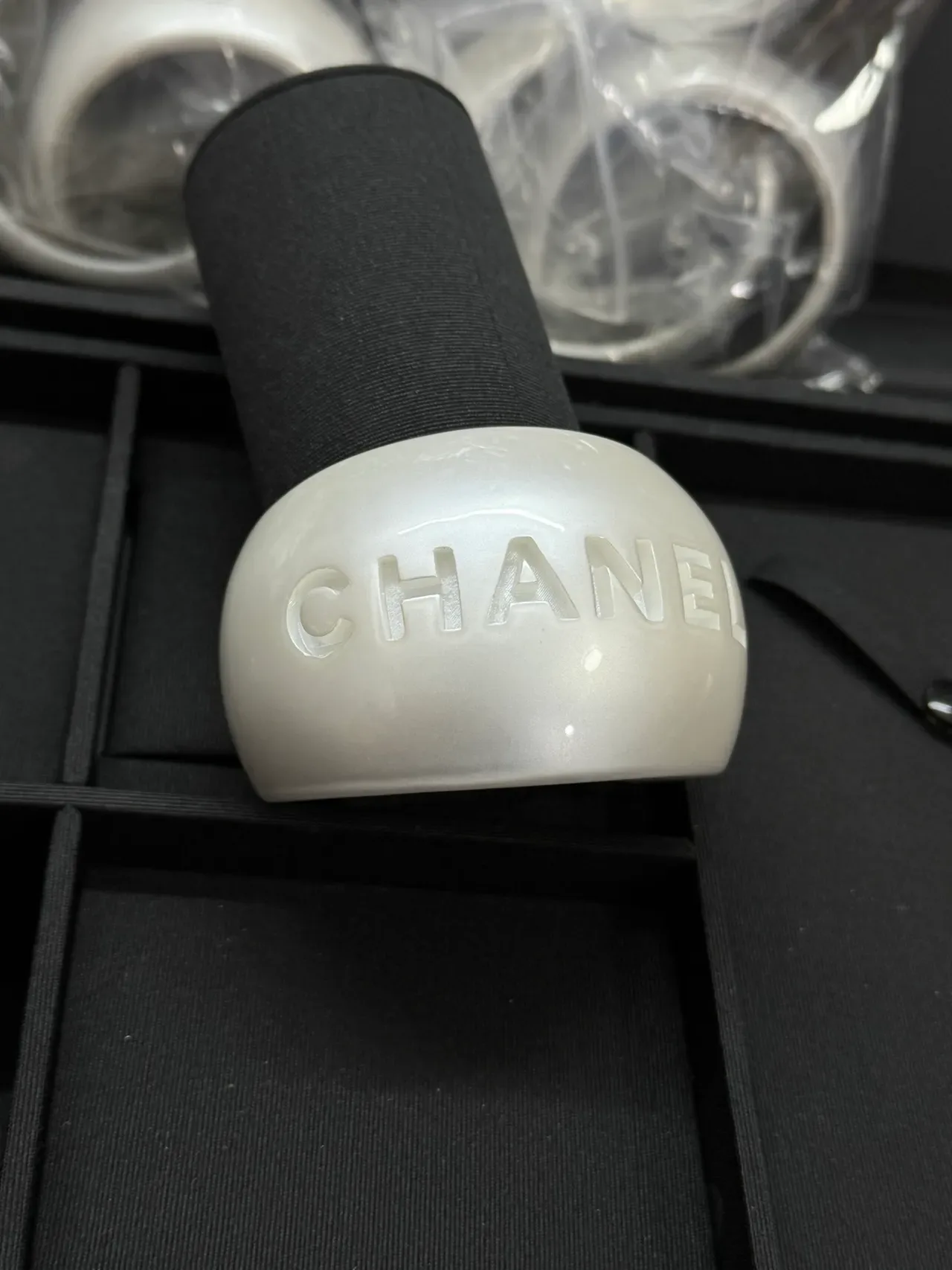 Chanel Logo Cuff Bracelet White Pearlescent Resin Bracelet 4