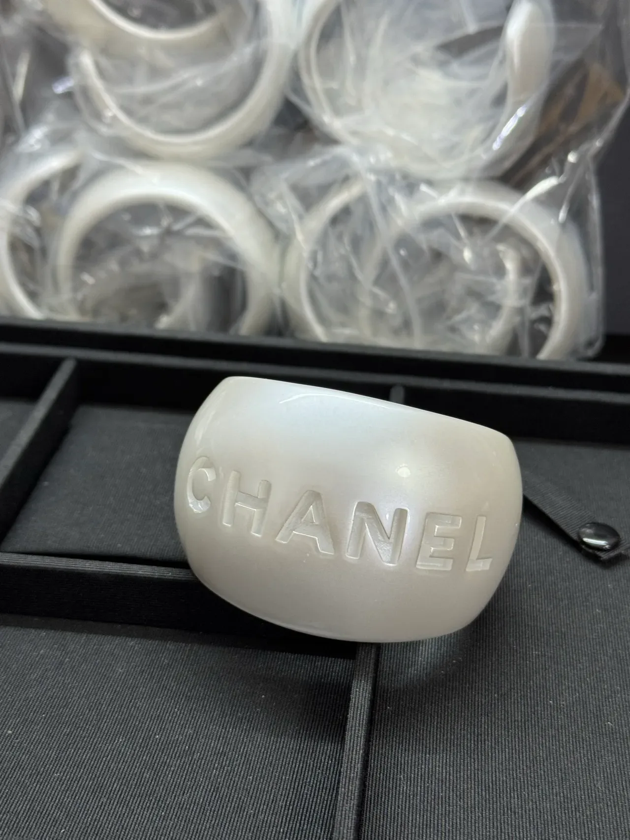 Chanel Logo Cuff Bracelet White Pearlescent Resin Bracelet 5