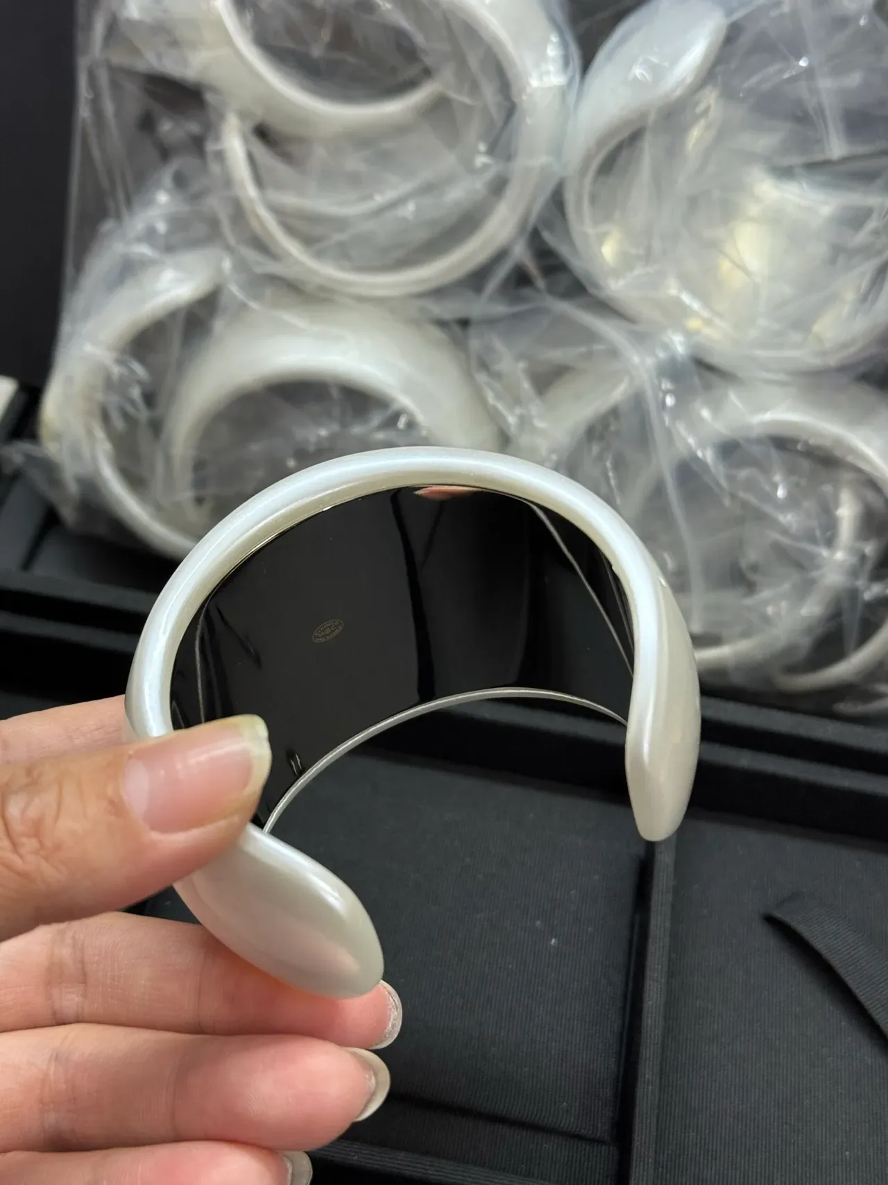 Chanel Logo Cuff Bracelet White Pearlescent Resin Bracelet 6