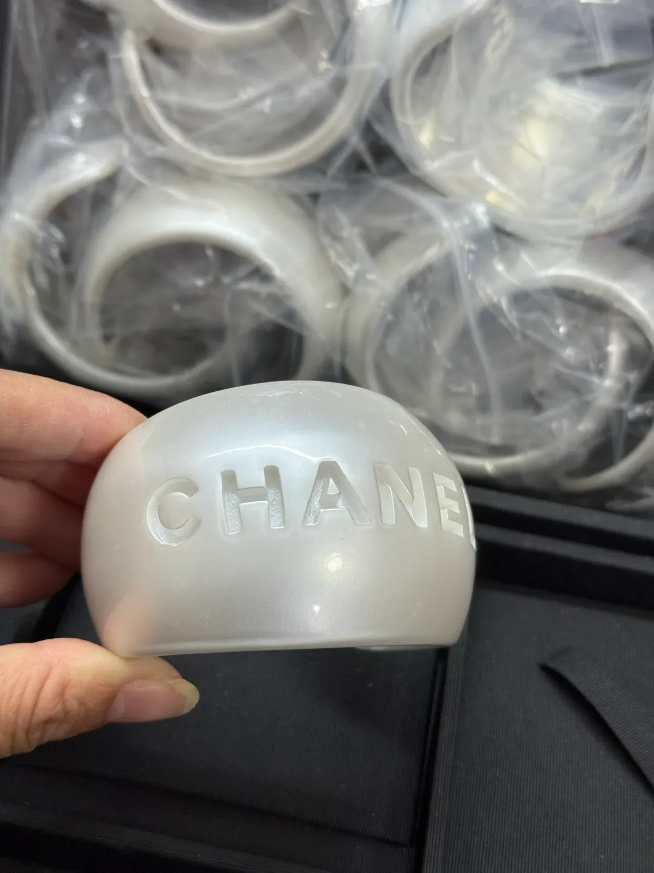 Chanel Logo Cuff Bracelet White Pearlescent Resin Bracelet 8