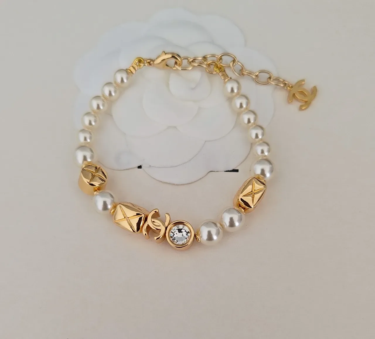 Chanel Pearl and Crystal CC Logo Gold-Tone Bracelet 2
