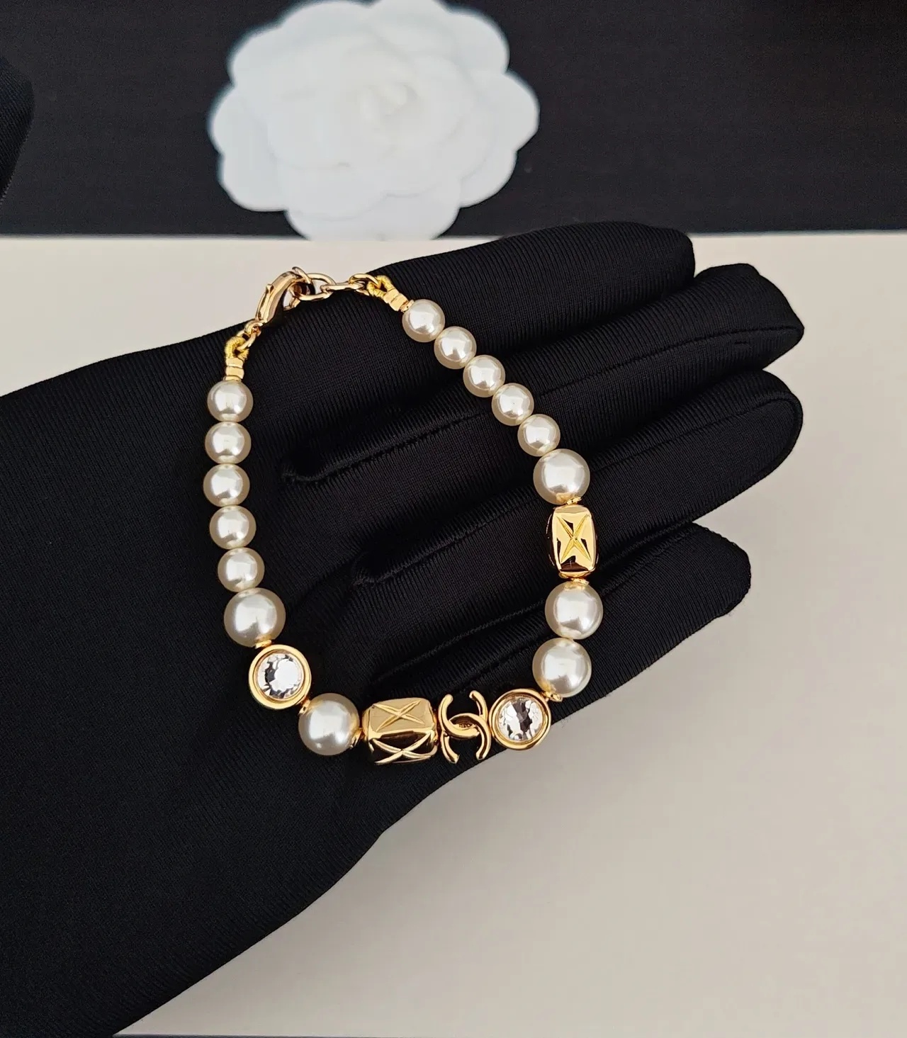 Chanel Pearl and Crystal CC Logo Gold-Tone Bracelet 3
