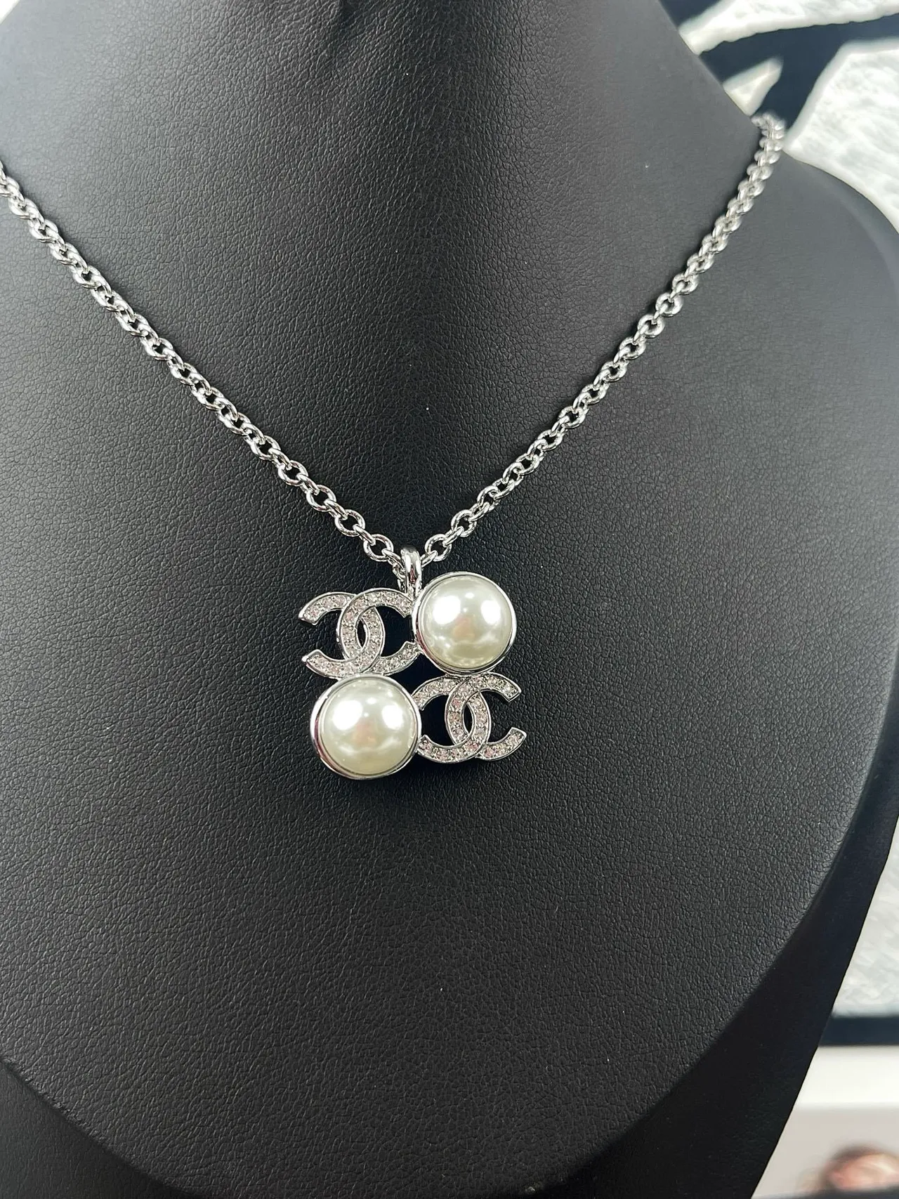 Chanel Pearl & CC Silver White Interlocking Logo Double Accent Necklace 4