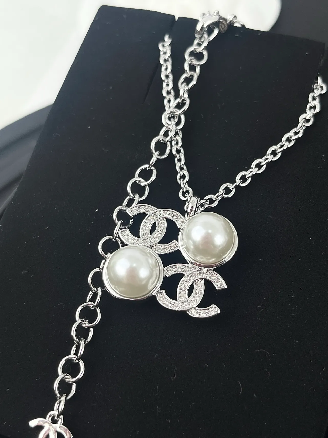 Chanel Pearl & CC Silver White Interlocking Logo Double Accent Necklace 6