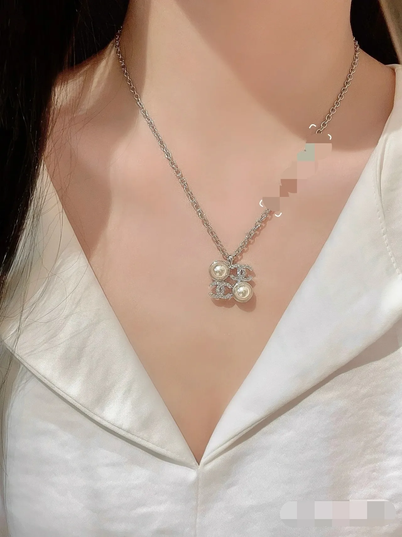 Chanel Pearl & CC Silver White Interlocking Logo Double Accent Necklace 11