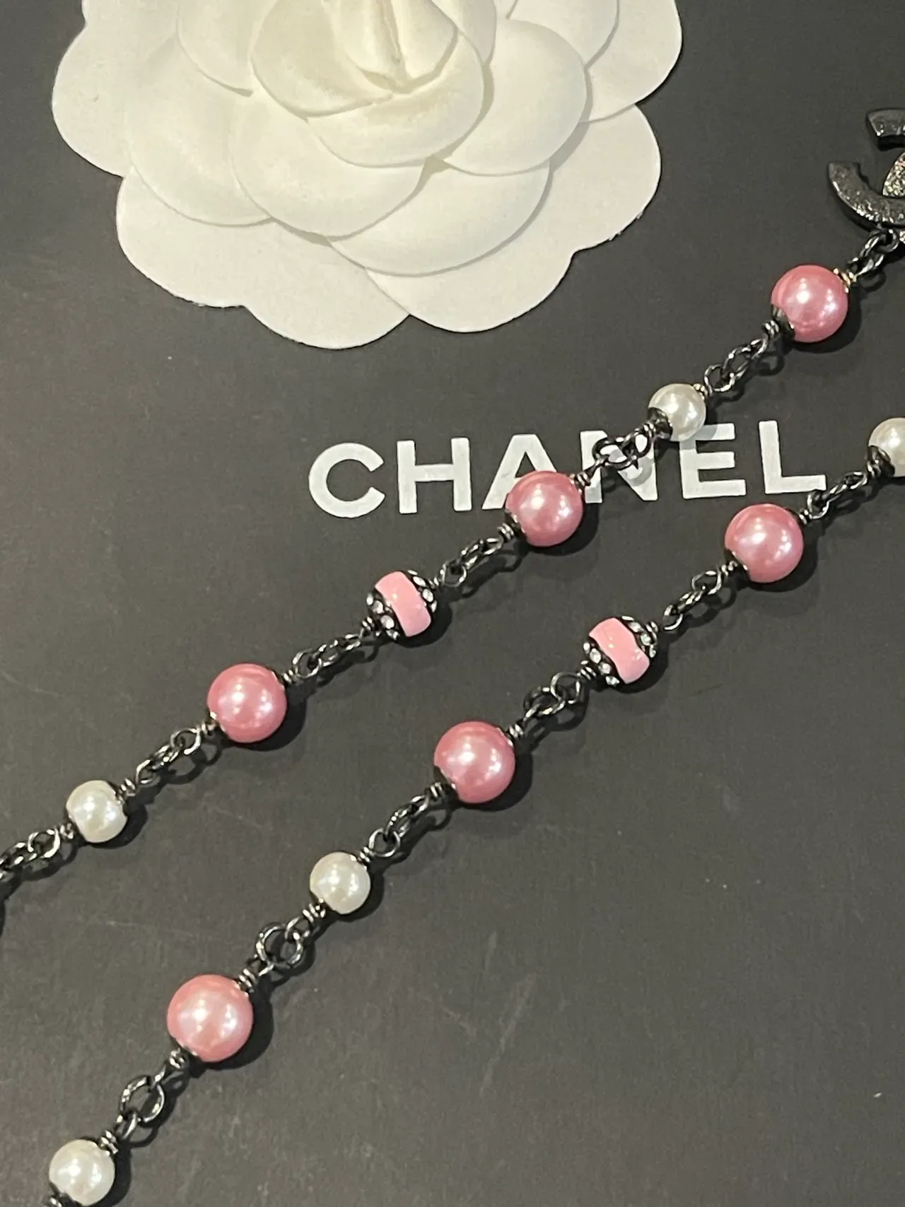 Chanel Pink and White Pearl Bead CC Logo Bow Necklace 2