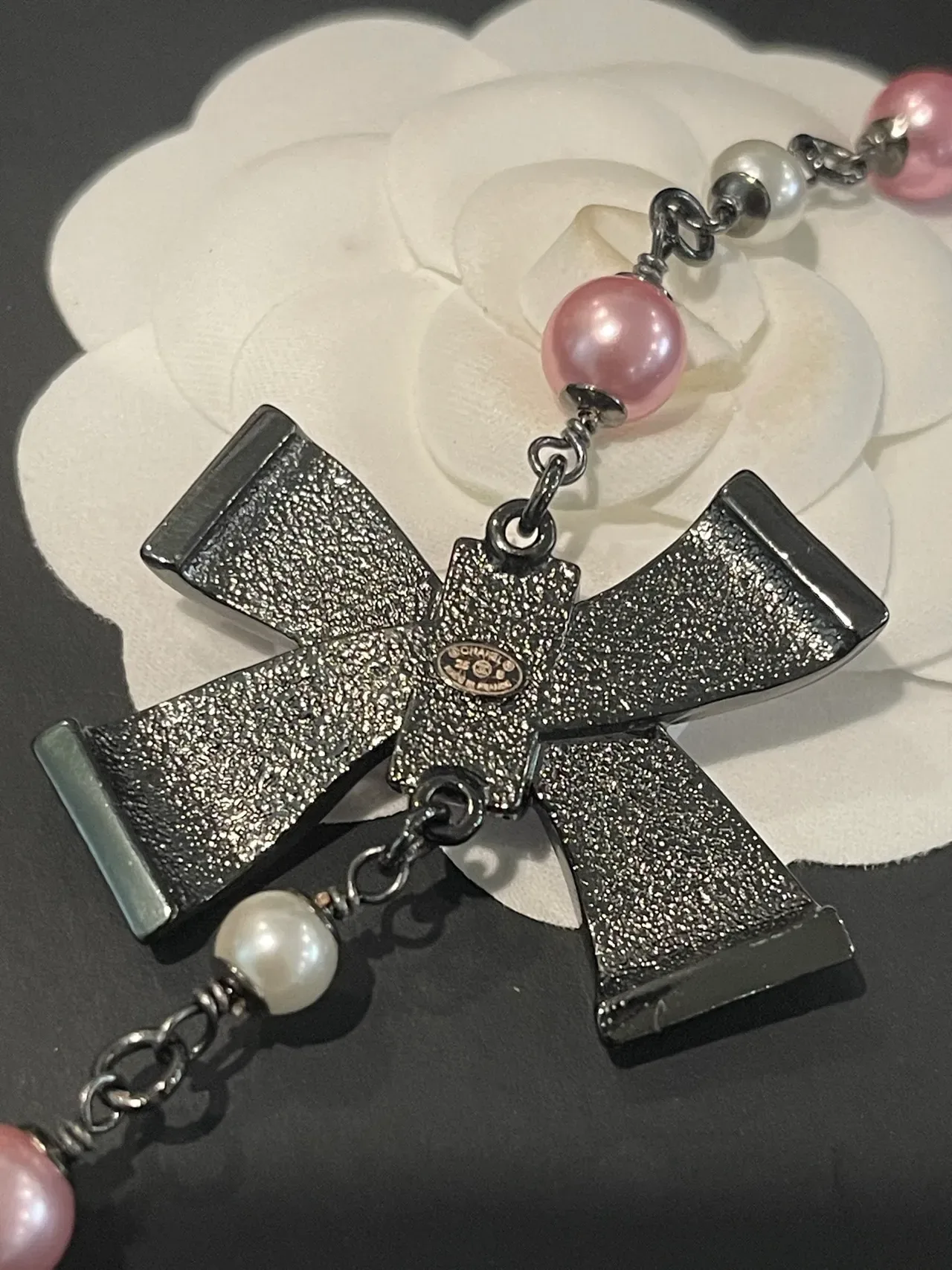Chanel Pink and White Pearl Bead CC Logo Bow Necklace 5