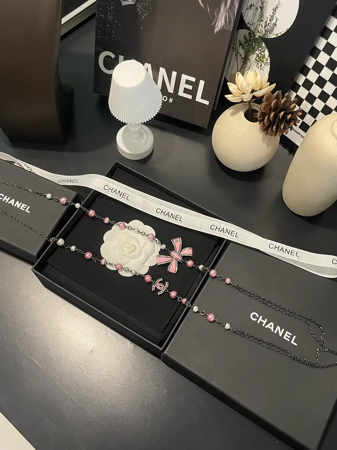 Chanel Pink and White Pearl Bead CC Logo Bow Necklace 9