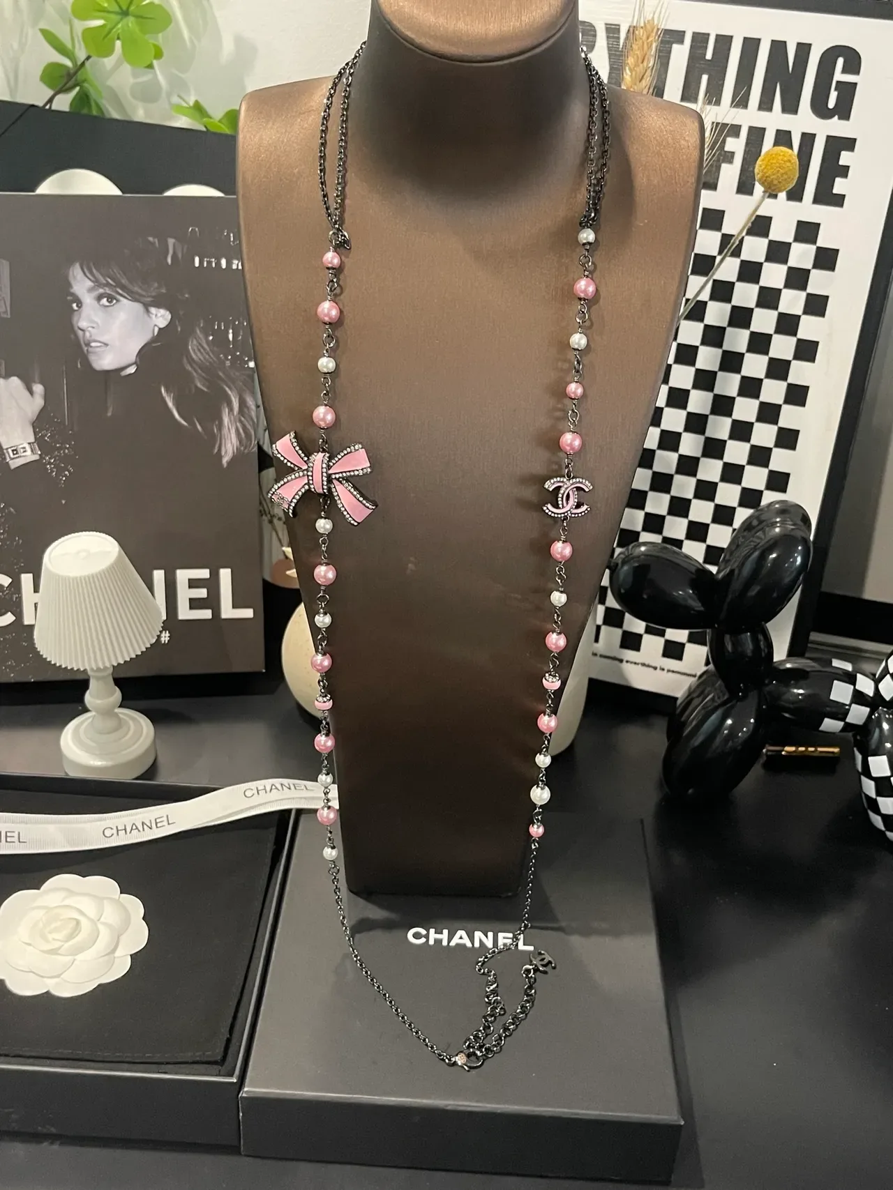 Chanel Pink and White Pearl Bead CC Logo Bow Necklace 11