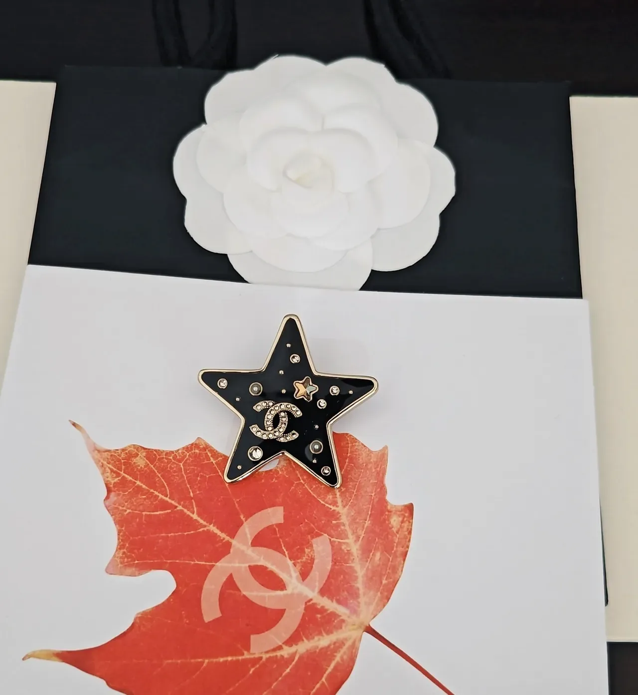 Chanel 星形胸针 黑色搪瓷 金色 CC 水晶 Logo 胸针 3