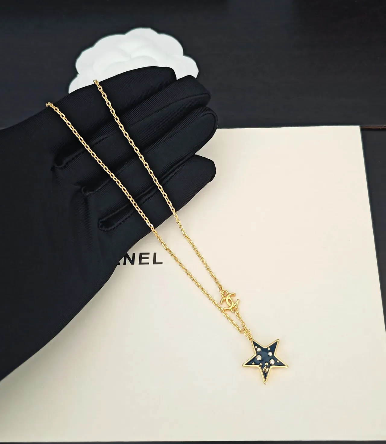 Chanel Star Gold Black Chain Enamel Pendant Necklace 4