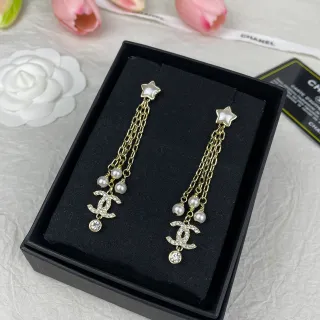 Chanel Boucles d'Oreilles Chaîne Perle Étoile Goutte