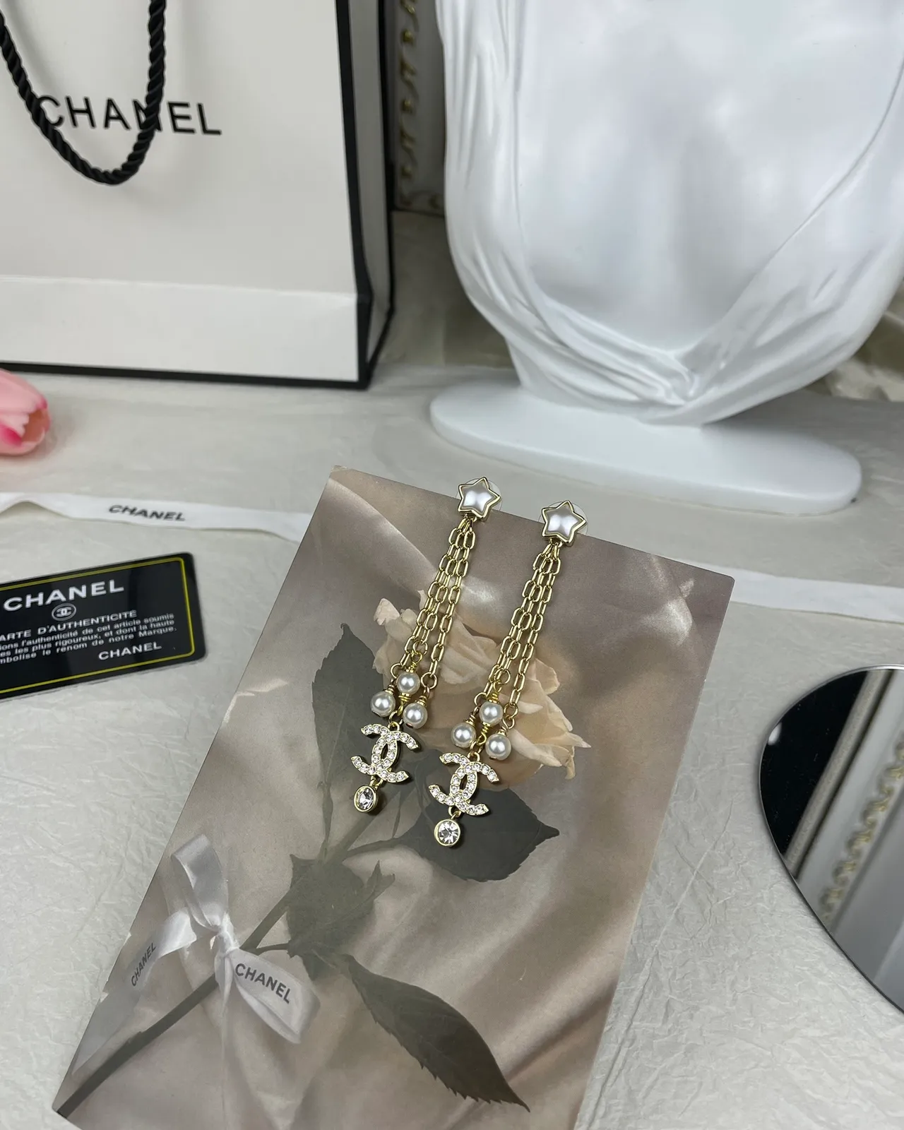 Chanel Star Pearl Chain Drop Earrings 2