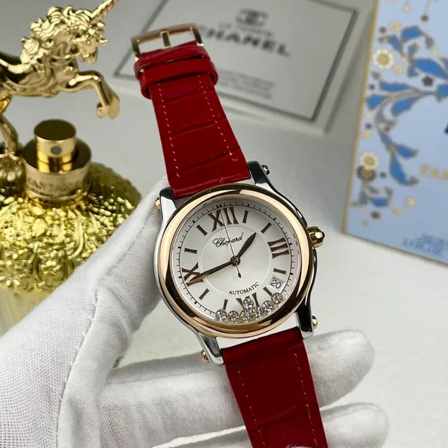 Chopard लाल सोना दो टोन स्टेनलेस स्टील और गुलाबी सफेद गिलोशे डायल यांत्रिक घड़ी 6