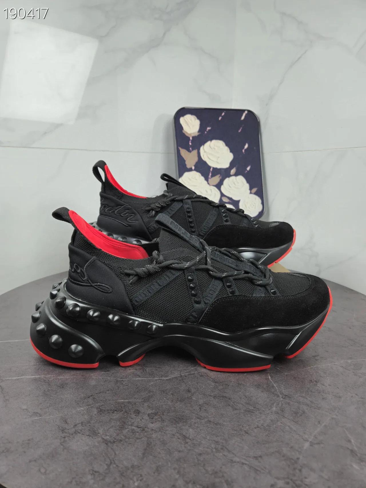 Christian Louboutin Plateforme à clous Noir et Rouge Chunky Sneakers 5