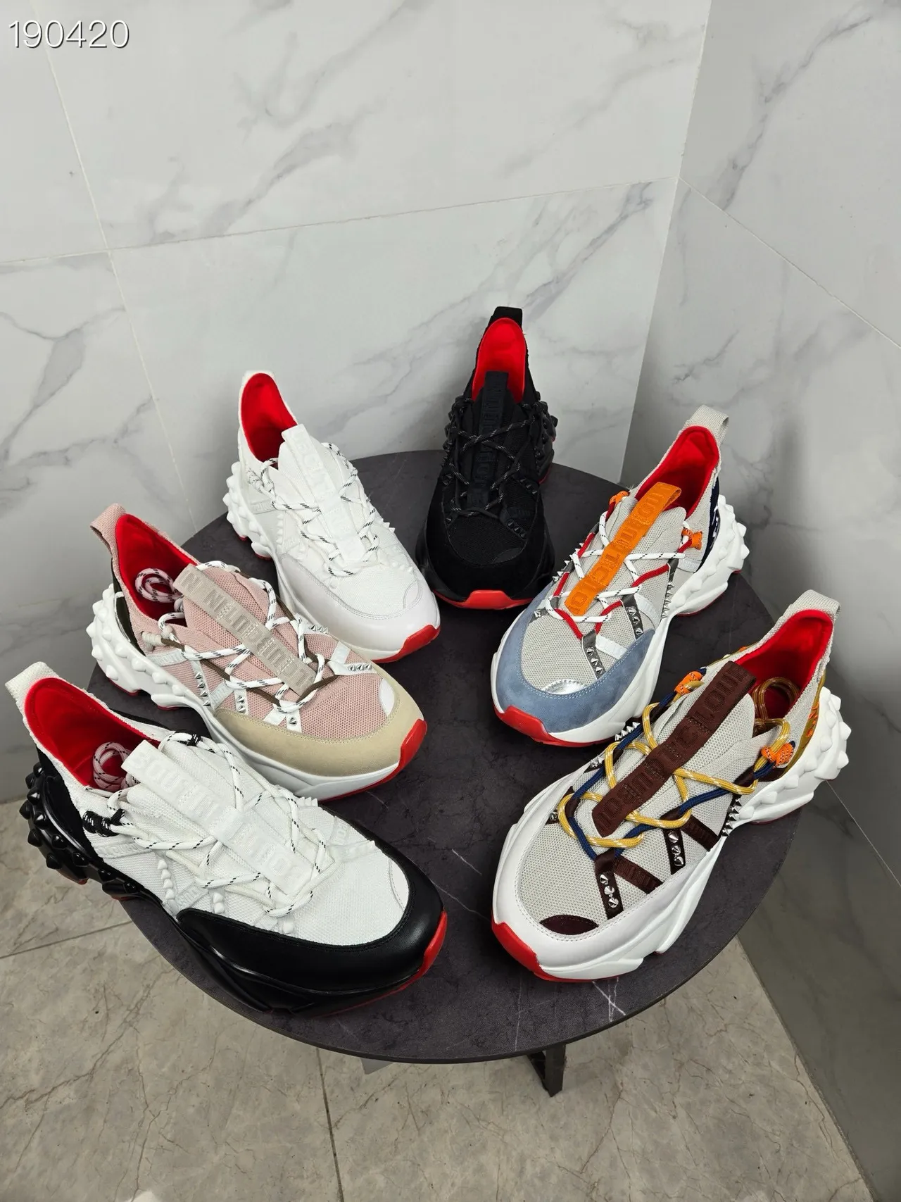 Christian Louboutin أبيض أحمر كعب منحوت علوي شبكة تريكو حذاء رياضي سميك 2