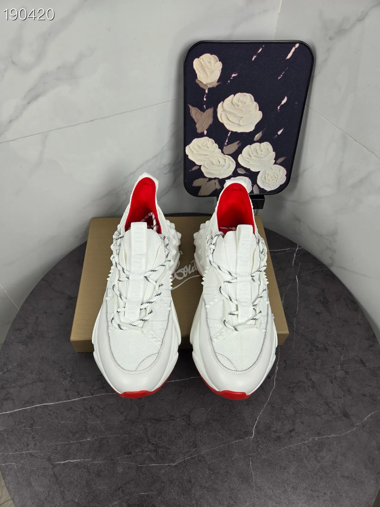 Christian Louboutin أبيض أحمر كعب منحوت علوي شبكة تريكو حذاء رياضي سميك 5