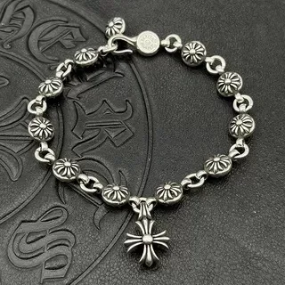 Chrome Hearts चाँदी काला भारी लिंक फ्लोरल एंड कैप लिंक्स कंगन 6