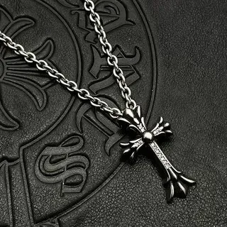 Chrome Hearts सिल्वर ब्लैक ऑर्नेट गोथिक क्रॉस फ्लियर-डे-लिस टर्मिनल्स नेकलेस 8