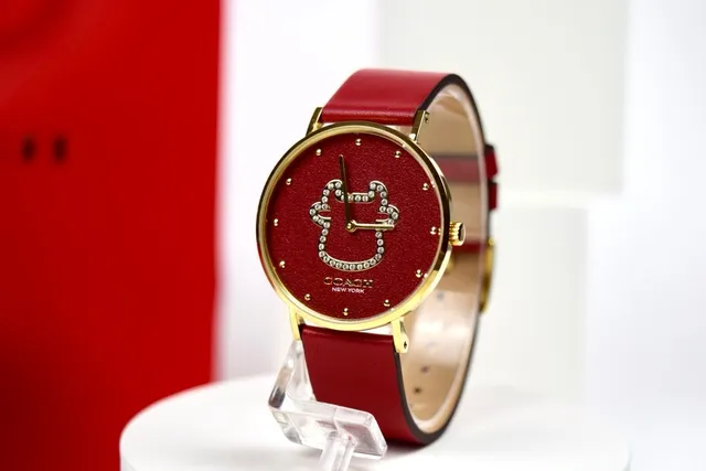 Coach C-Logo ذهب أحمر غلاف حزام جلد ساعة كوارتز 9