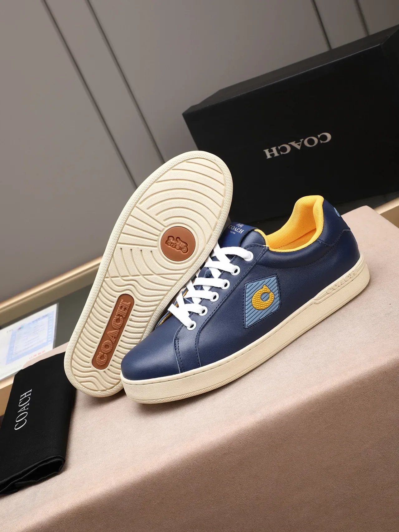 Coach Navy Yellow Leather Upper Contrast Collar Sneakers 4