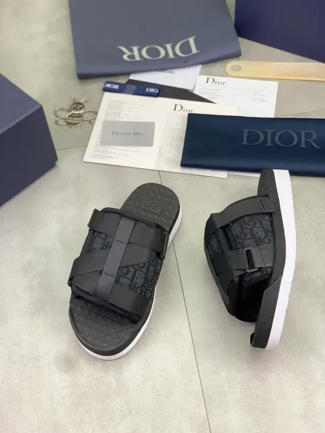 Dior B27 Black Beige Slide Sandals Elastic Strap Construction Slippers 2