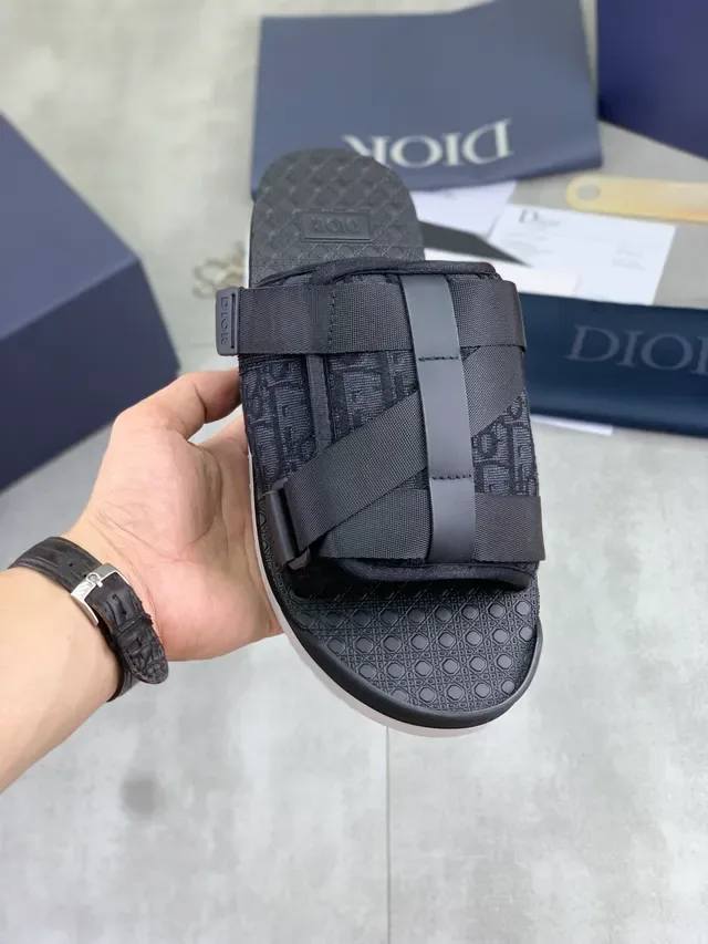 Dior B27 Black Beige Slide Sandals Elastic Strap Construction Slippers 3