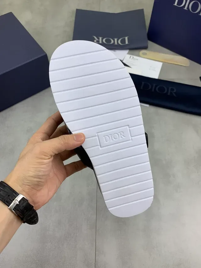 Dior B27 Black Beige Slide Sandals Elastic Strap Construction Slippers 4